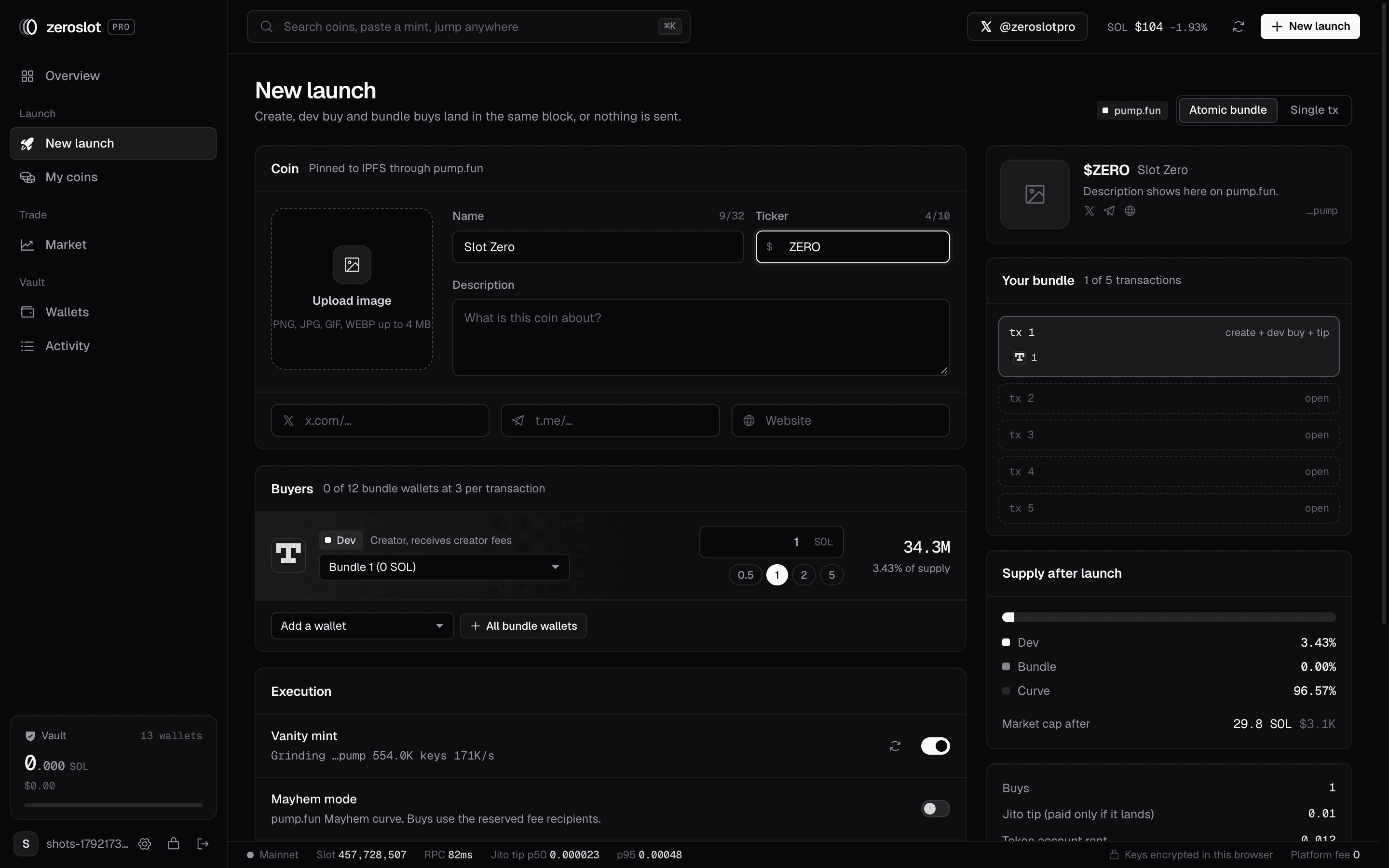 Zeroslot launch composer with coin details, buyers and the bundle preview